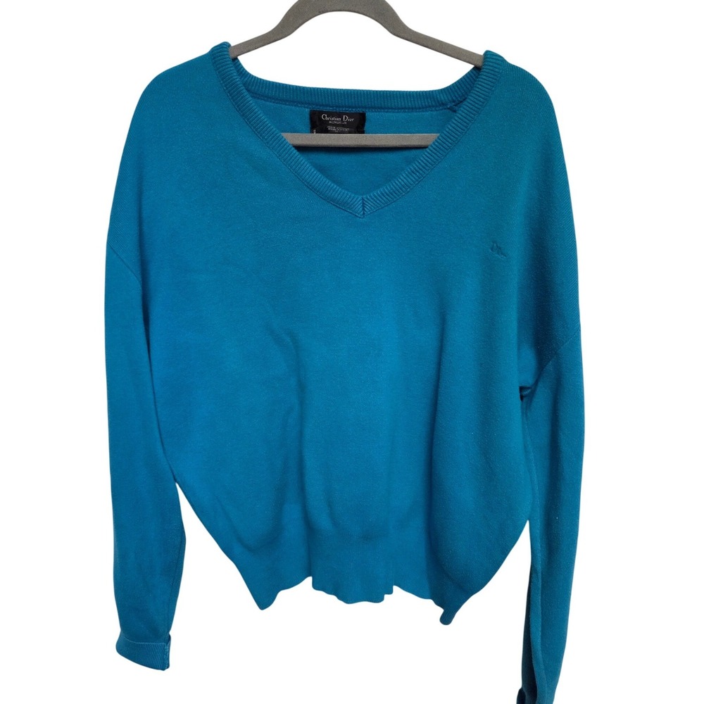 Vintage 90s Christian Dior Monsieur V Neck Sweater Teal Blue 100% Cotton Mens‎ L